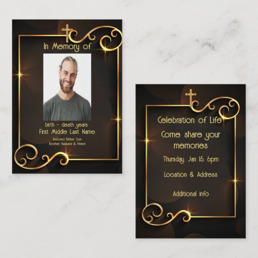 メモリアルサービスクラシック招待状モダンブラック金ゴールド 名刺 (正面/裏面)