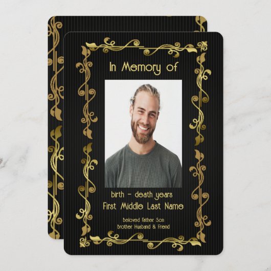 メモリアルサービスクラシック招待状モダンブラック金ゴールド 招待状 (正面/裏面)