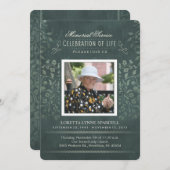 メモリアルサービスティール（緑がかった色）フローラ写真カスタム招待状 招待状 (正面/裏面)