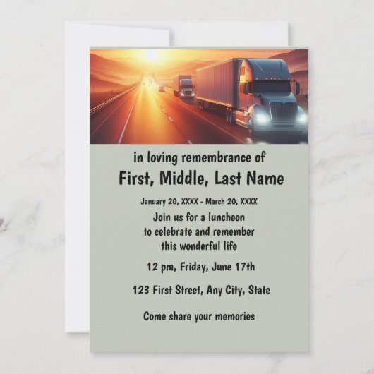 メモリアルサービスパイロットセミトラックトラクター – トレーラー 招待状 (裏面)
