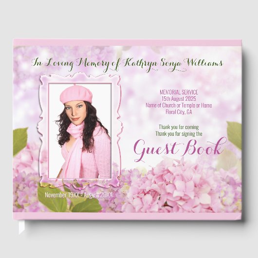 メモリアルサービスピンクアジサイあなたの写真を追加 ゲストブック (正面)