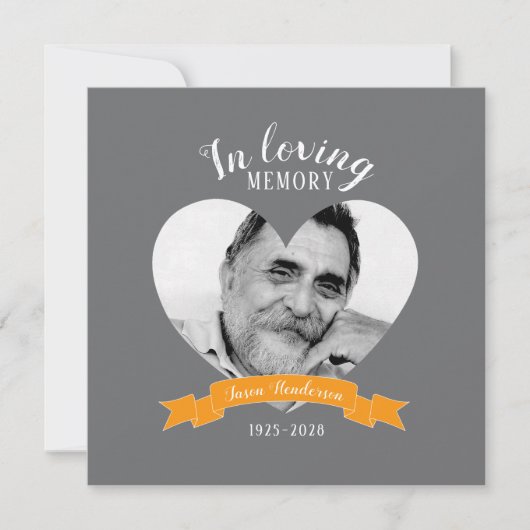 メモリアルサービス写真ハートオレンジ色のリボン招待状 招待状 (正面)