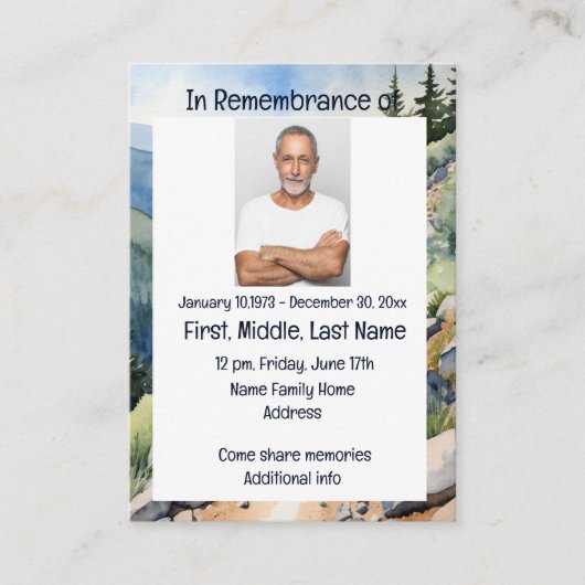 メモリアルサービス招待状ウォーターカラーサイクリングバイク 名刺 (正面)