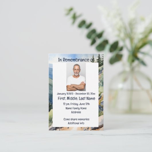 メモリアルサービス招待状ウォーターカラーサイクリングバイク 名刺 (スタンド正面)