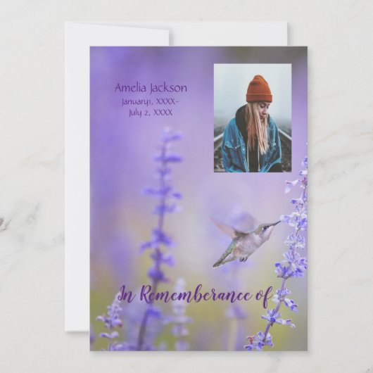 メモリアルサービス招待状ハミングバードラベンダー 招待状 (正面)