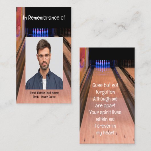 メモリアルサービス招待状ボーリングレーンボウリングをする人、 クリケットの投手 名刺 (正面/裏面)