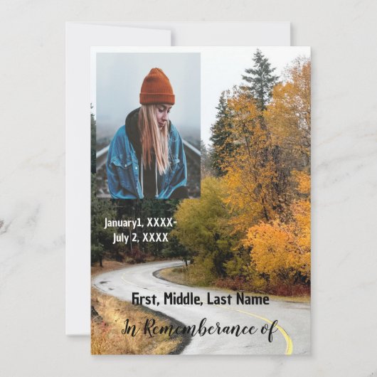 メモリアルサービス招待状秋道路紅葉 招待状 (正面)