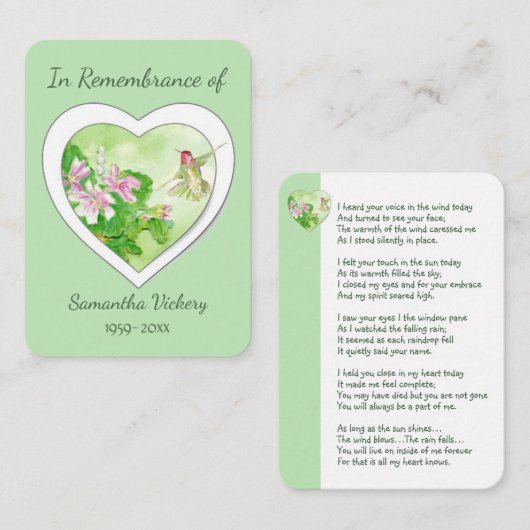 メモリアルサービス記念ウォーターカラーハミングバード 名刺 (正面/裏面)