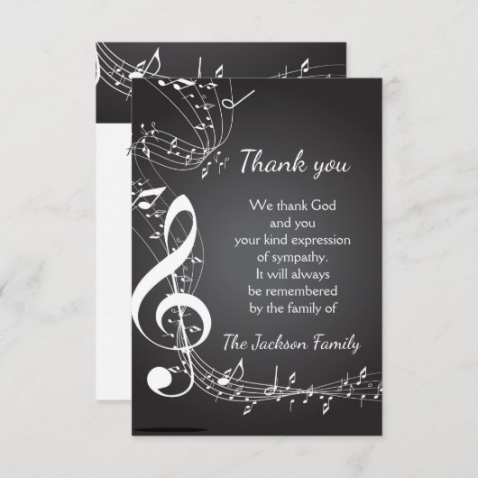 メモリアルサー感謝していビス音楽ノートカスタム サンキューカード (正面/裏面)