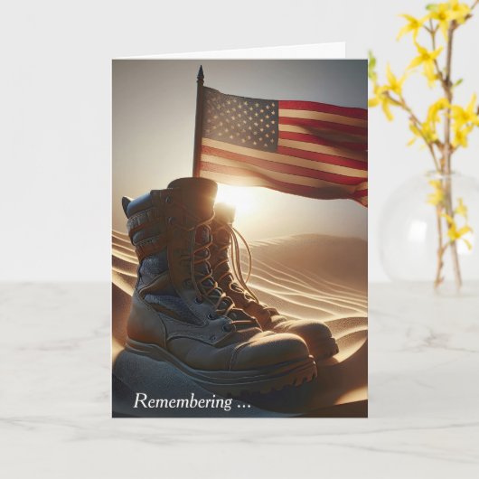 メモリアルデーの戦闘靴と砂漠の砂の旗 カード (黄色い花)