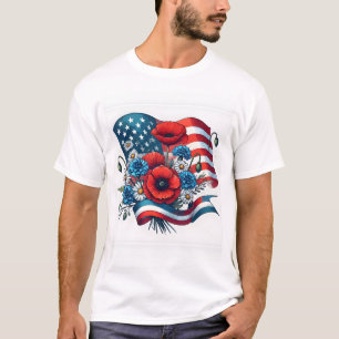 メモリアルデーアメリカ国旗ブーケ花ケシ Tシャツ