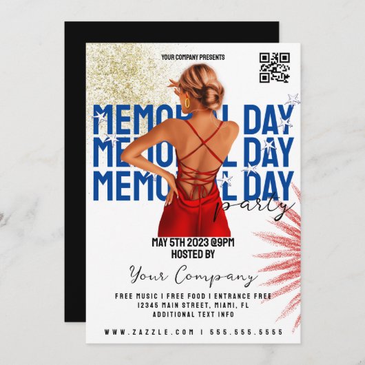 メモリアルデーイベント愛国的パーティークラブチラシ 招待状 (正面/裏面)