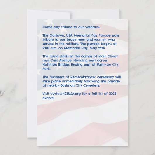 メモリアルデースターフラッグ私たちの町の年間パレード 招待状 (裏面)