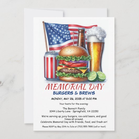 メモリアルデーバーガー&ブルズ | バックヤードBBQパーティー 招待状 (正面)