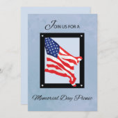 メモリアルデーピクニック招待状、フラッグ、ブルースカイ 招待状 (正面/裏面)