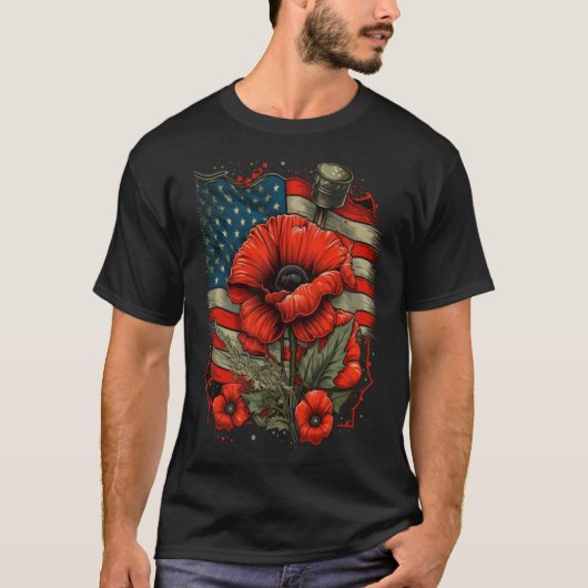 メモリアルデー赤ポピー花アメリカ国旗USA 4t Tシャツ (正面)