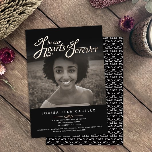 メモリアルハート写真葬儀ブラック金ゴールド 箔招待状