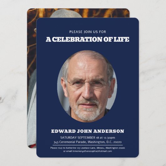 メモリアルハート楕円形フォトブルー 招待状 (正面/裏面)