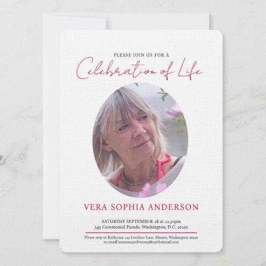 メモリアルハート楕円形フォトレッド白黒 招待状 (正面)