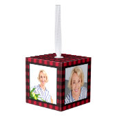 メモリアルパーソナライズされた3フォトレッドプレイド キューブオーナメント (裏面アングル)