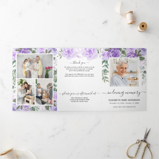 メモリアルパープルウォーターカラーフローラ葬儀 三つ折りプログラム (外部)