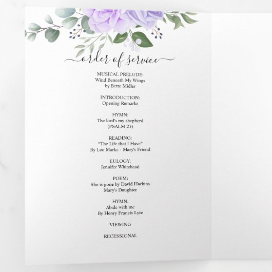 メモリアルパープルウォーターカラーフローラ葬儀 三つ折りプログラム (内部最初)
