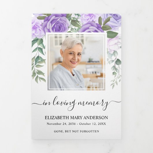 メモリアルパープルウォーターカラーフローラ葬儀 三つ折りプログラム (カバー)