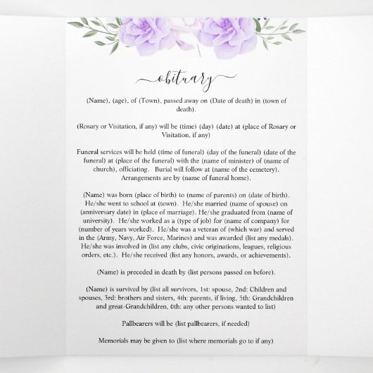 メモリアルパープルウォーターカラーフローラ葬儀 三つ折りプログラム (内部中)