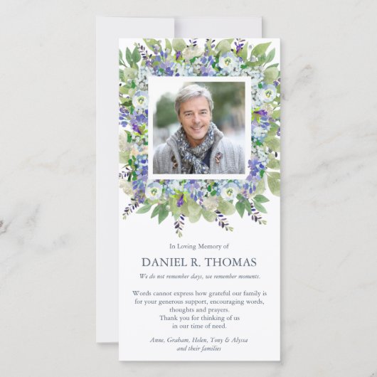 メモリアルパープル花模様葬儀サンキューカード サンキューカード (正面)