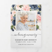 メモリアルピンクネイビー水彩フローラ葬儀 三つ折りプログラム (カバー)