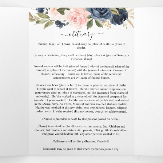 メモリアルピンクネイビー水彩フローラ葬儀 三つ折りプログラム (内部中)