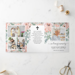 メモリアルピンク牡丹の水彩フローラ葬儀 三つ折りプログラム