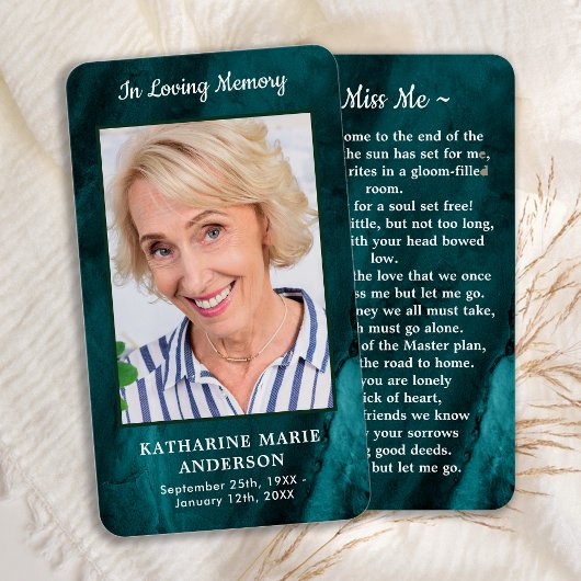 メモリアルフォトエメラルドグリーン葬儀祈りの言葉カード