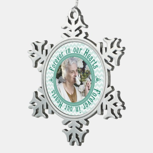 メモリアルフォトクリスマスケルト結び目模様ティール（緑がかった色） スノーフレークピューターオーナメント (右)