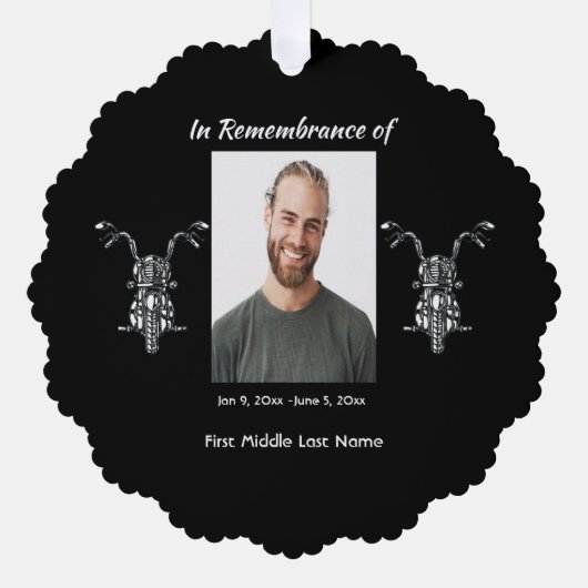メモリアルフォトバイクバイクもしくは自転車に乗る人 オーナメントカード (正面)