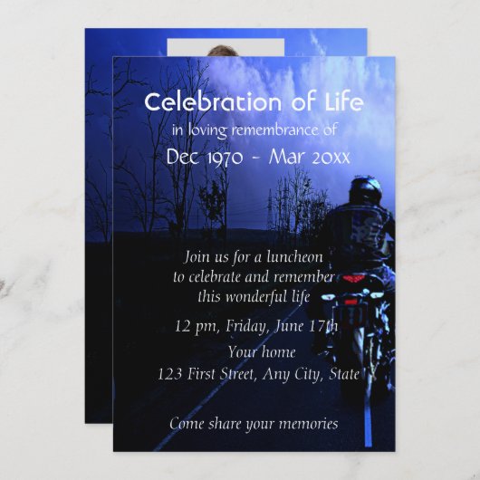 メモリアルフォトメモリアルモーターサイクルバイクもしくは自転車に乗る人 招待状 (正面/裏面)