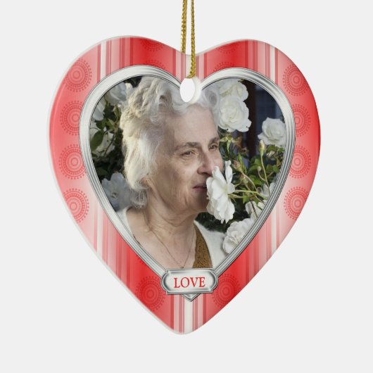 メモリアルフォトレッドホワイトハートクリスマス セラミックオーナメント (右)