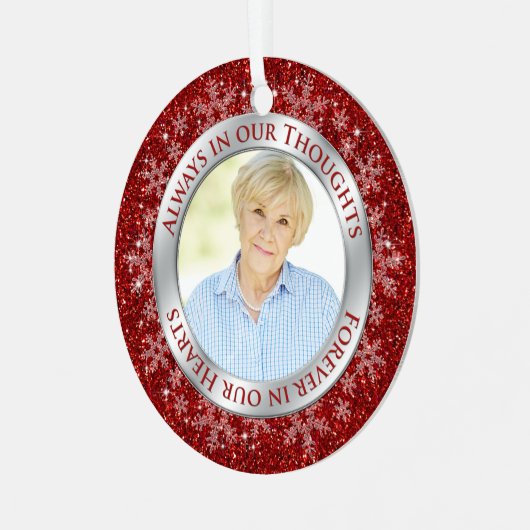メモリアルフォトレッド常に私たちの思考クリスマス メタルオーナメント (正面左)