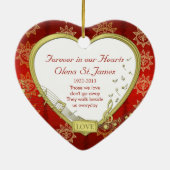 メモリアルフォトレッド金ゴールド音楽ハートクリスマス セラミックオーナメント (裏面)