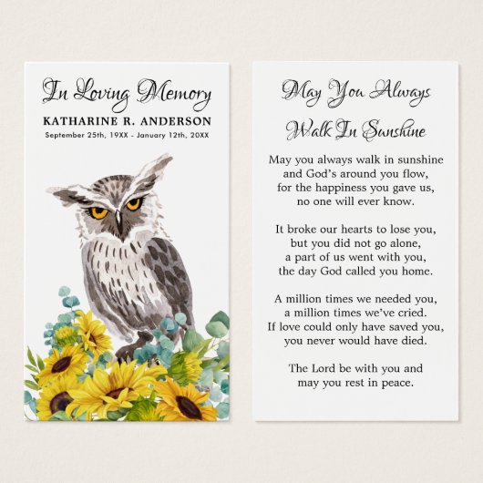 メモリアルフクロウひまわりフローラ葬儀祈りの言葉カード (正面&裏面)