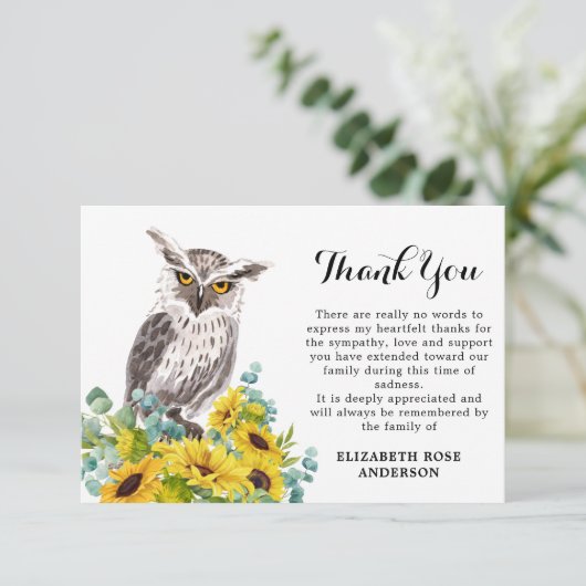 メモリアルフクロウひまわり悔やみや弔慰葬儀 サンキューカード (スタンド正面)