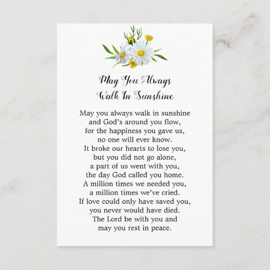 メモリアルフローラデイジー葬儀祈りの言葉カード写真 (裏面)