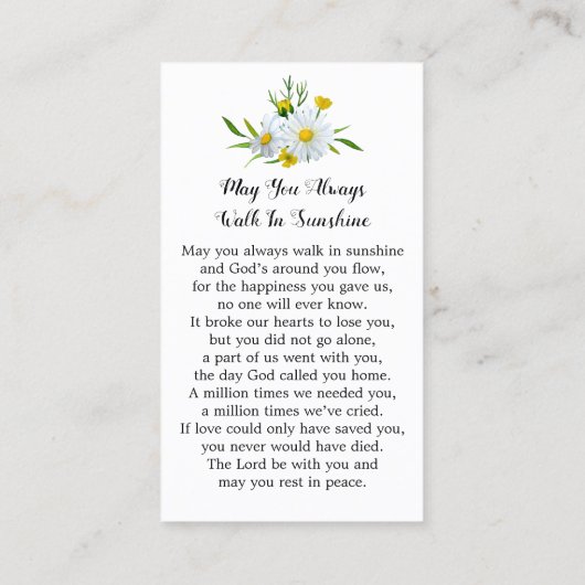 メモリアルフローラデイジー葬儀祈りの言葉カード写真 コーリングカード (裏面)
