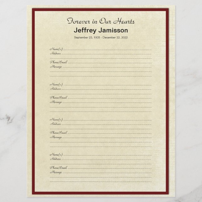 メモリアルブックフィラーサインインページ4ページあたりの名前 (正面)