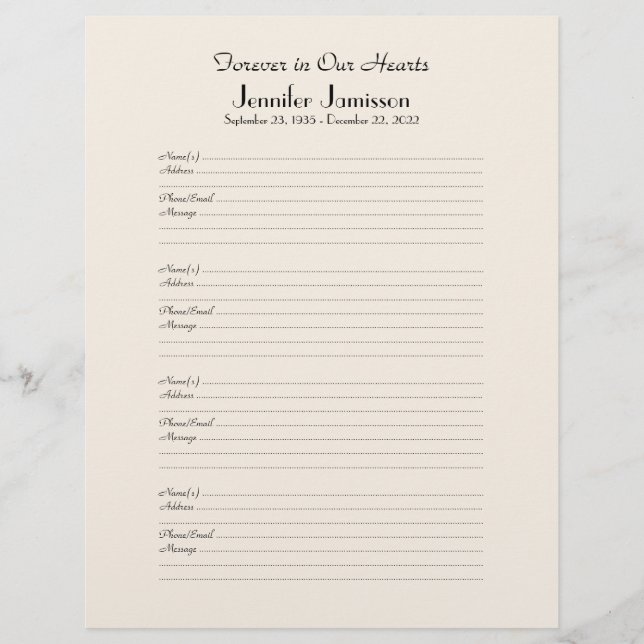 メモリアルブックフィラーサインインページ4ページあたりの名前 (正面)