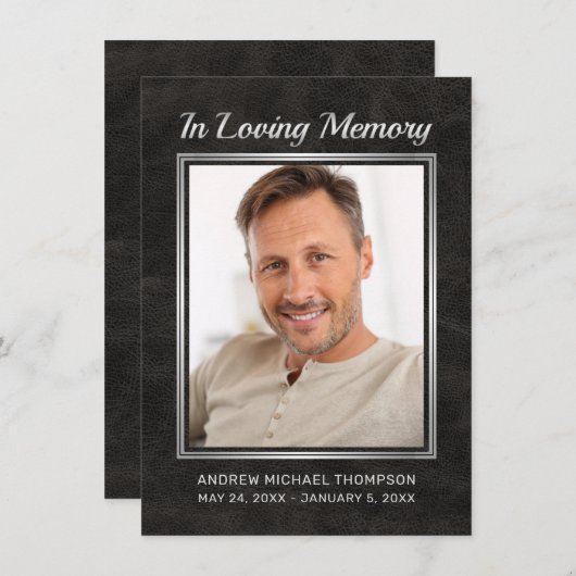 メモリアルブラックレザーとシルバーフォト悔やみや弔慰 サンキューカード (正面/裏面)