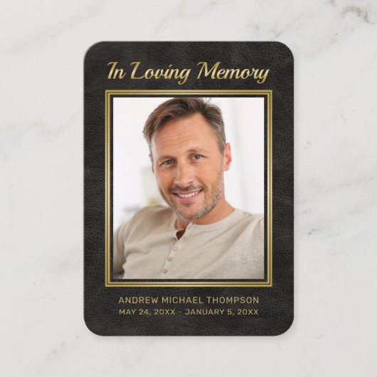 メモリアルブラックレザー金ゴールド写真葬式カード 名刺 (正面)