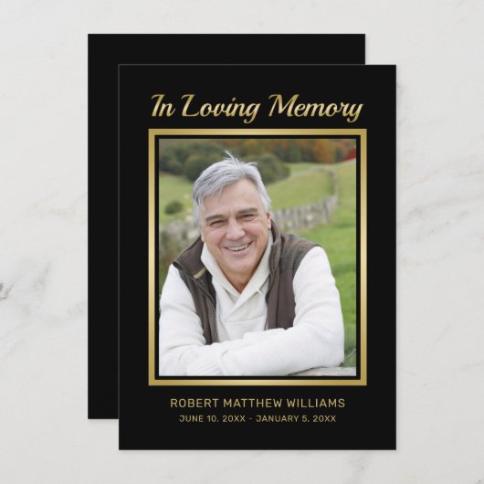 メモリアルブラック金ゴールドタイポグラフィフォト悔やみや弔慰 サンキューカード (正面/裏面)