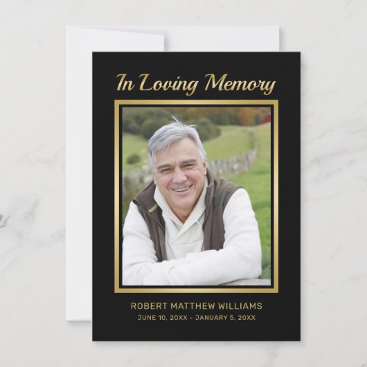 メモリアルブラック金ゴールドタイポグラフィフォト悔やみや弔慰 サンキューカード (正面)