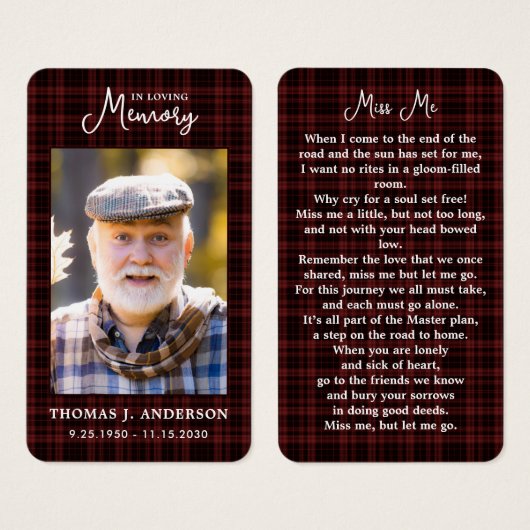 メモリアルブルガンディプレイドフォト葬儀祈りの言葉カード (正面&裏面)